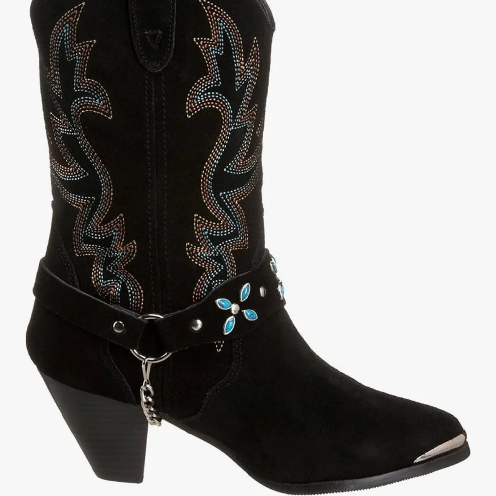 Dingo Victoria Harness Black Suede Turquoise Pull On Western Boots